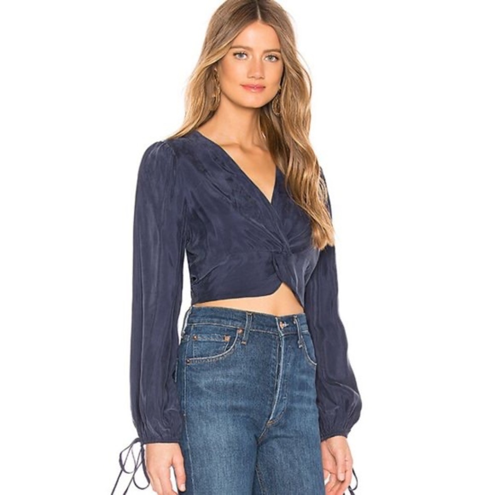 J.O.A navy blue silk crop blouse with side zip - size S - NWT
